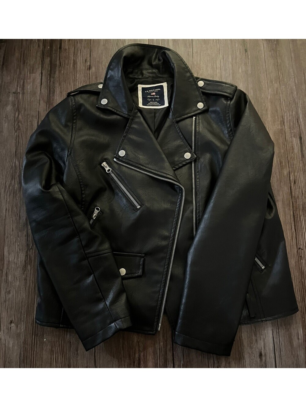 US Polo Assn Faux Leather Biker Jacket Black Sz L Grunge